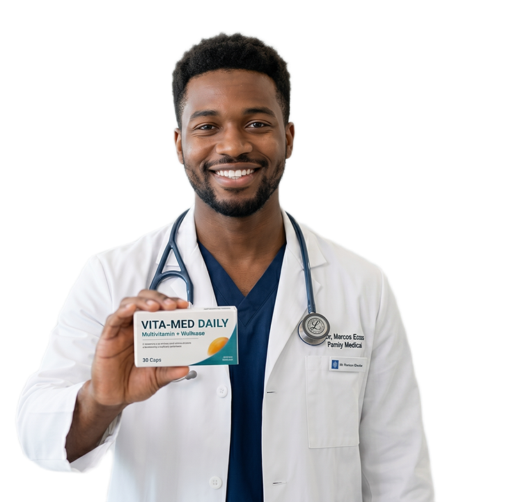 Smiling doctor holding medication